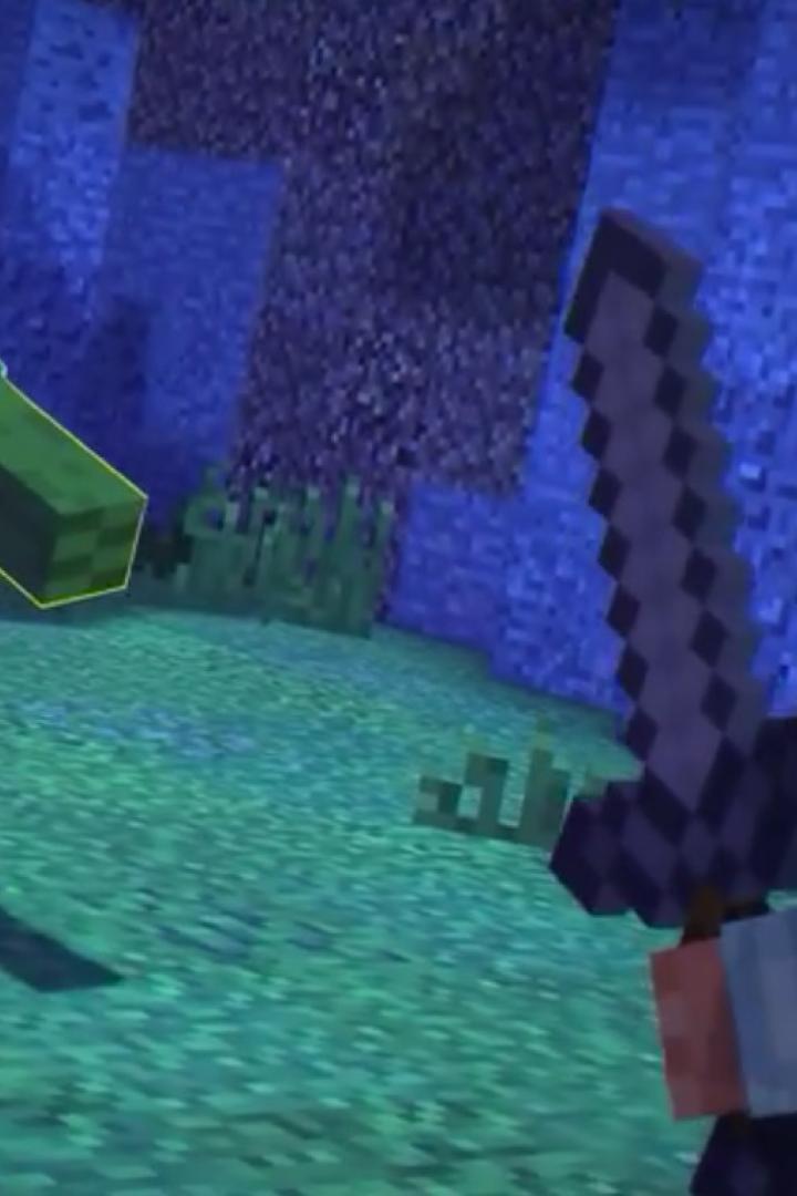 Ein Minecraft-Charakter steht mit einem Schwert vor zwei Zombies.