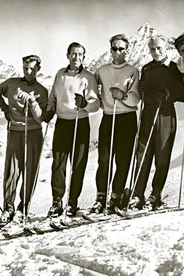 Die Mitglieder des legendären Kitzbüheler Wunderteams: Ernst Hinterseer, Hias Leitner, Christian Pravda, Fritz Huber, Anderl Molterer, Toni Sailer