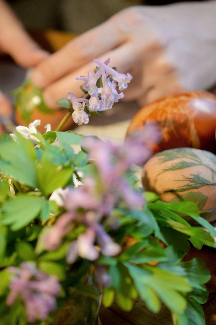 Bunte Ostereier mit Pflanzenmotiven werden verziert.