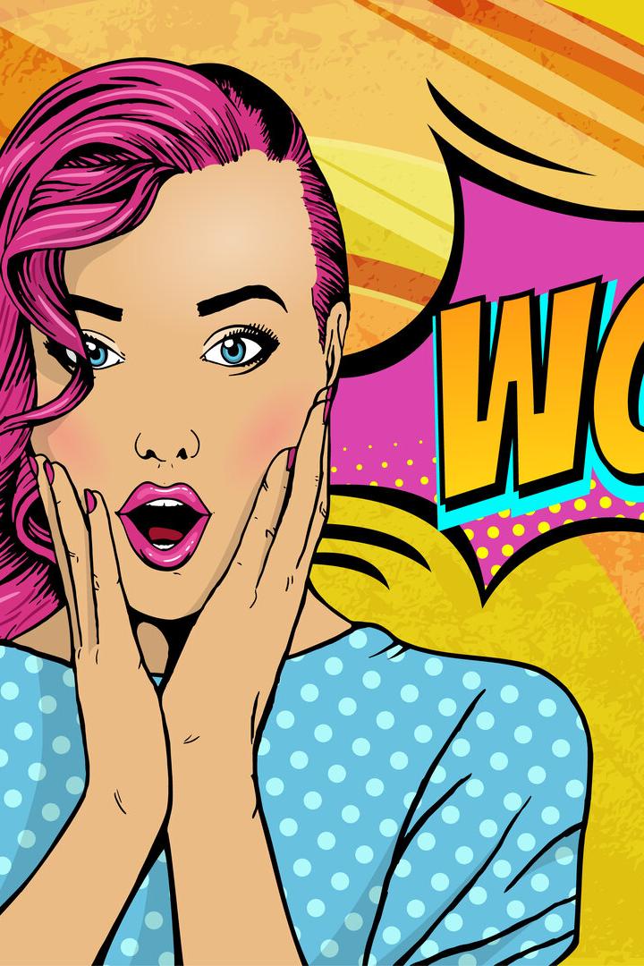 Wow pop art face. Sexy surprised woman with pink hair and open mouth with inscription wow in reflection. Vector colorful background in pop art retro comic style.