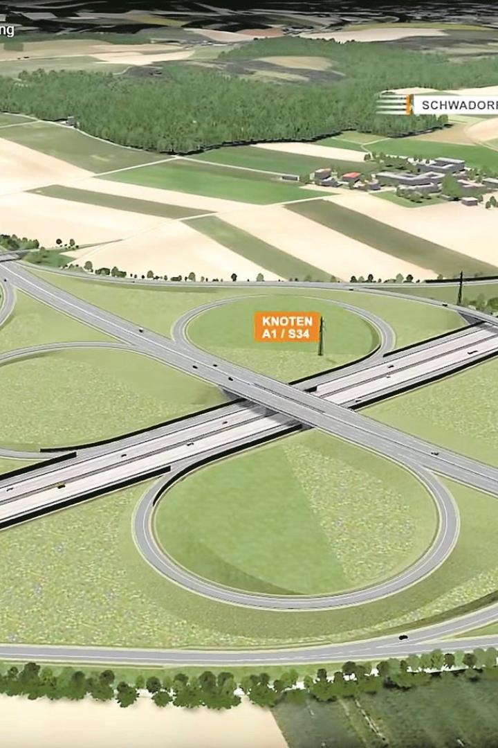 Eine Visualisierung des Autobahnknotens A1/S34 der Traisental Schnellstraße bei Schwadorf.