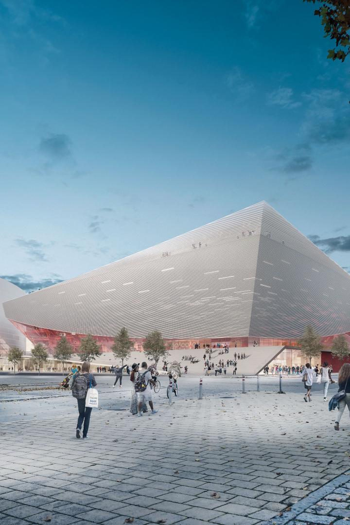 Eine Visualisierung der Wien Holding Arena, einer Eventhalle in Wien, basierend auf einem Architekturwettbewerb.
