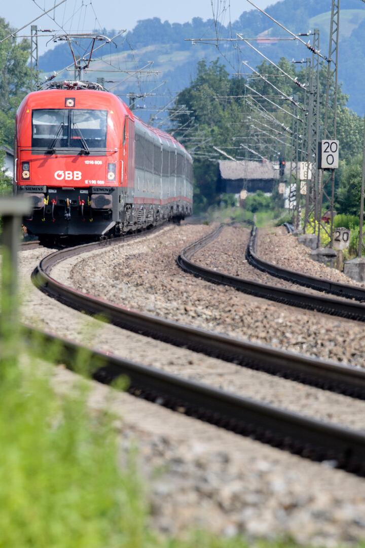 Ein roter ÖBB-Zug fährt auf einer kurvenreichen Strecke durch eine grüne Landschaft.