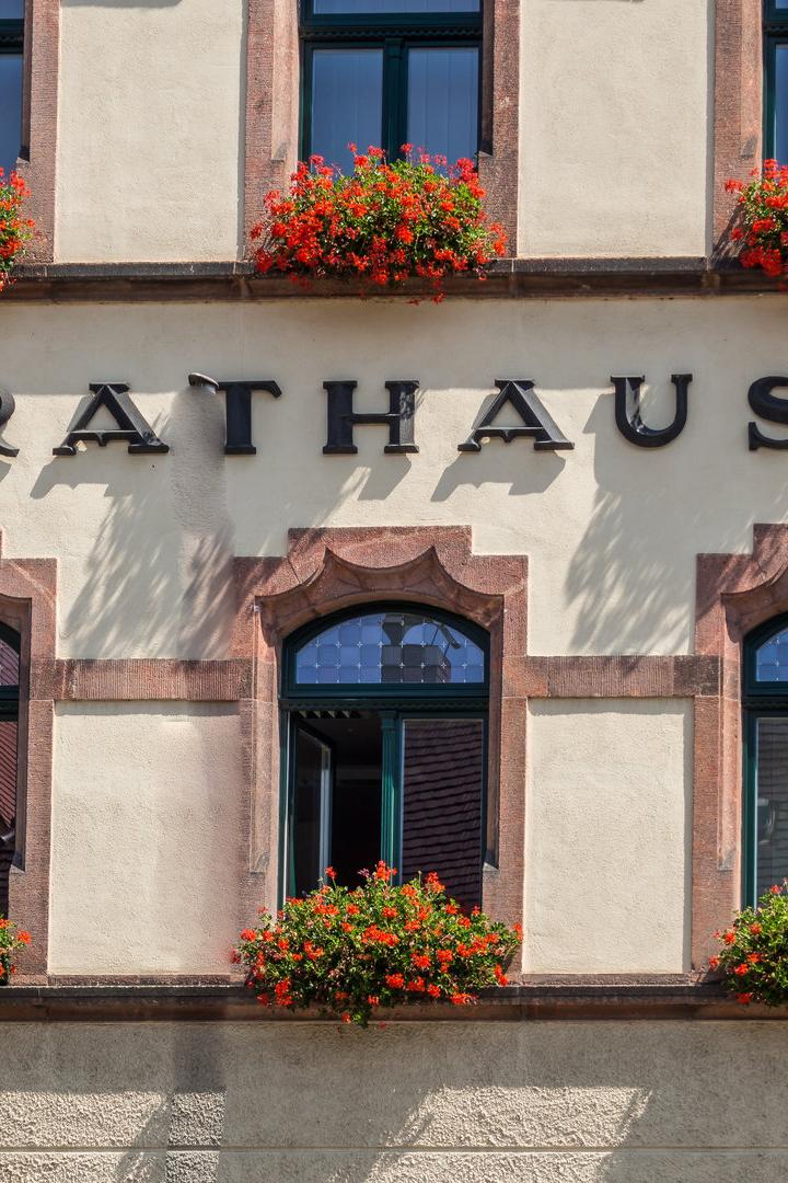 Die Fassade eines Rathauses mit roten Blumen vor den Fenstern.