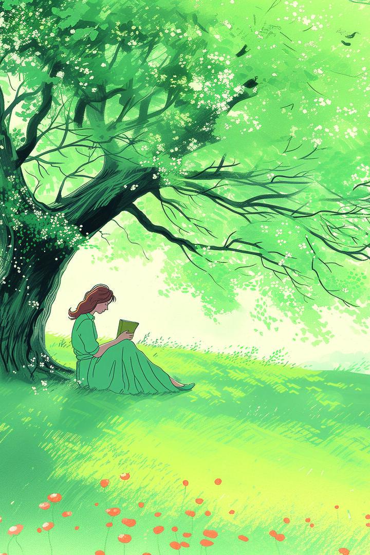 Eine Frau liest ein Buch im Schatten eines großen Baumes auf einer Wiese.