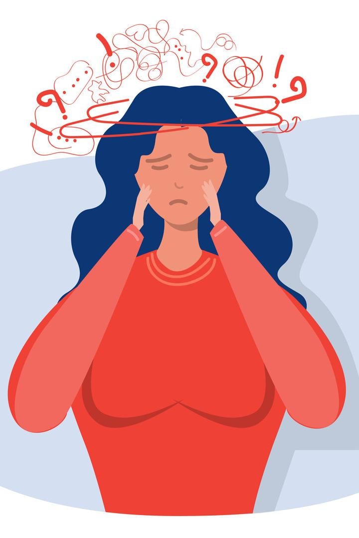Eine Illustration einer Frau mit Kopfweh.