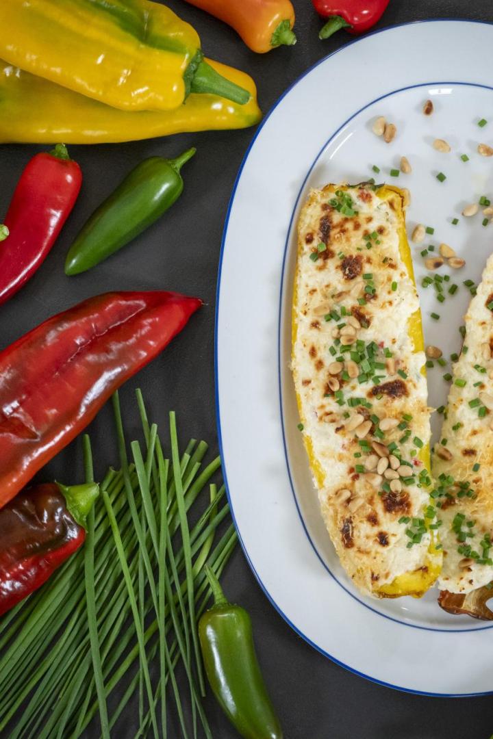 Gefüllte Paprika auf weißem Teller mit roten und gelben Paprikas und Schnittlauch rundherum