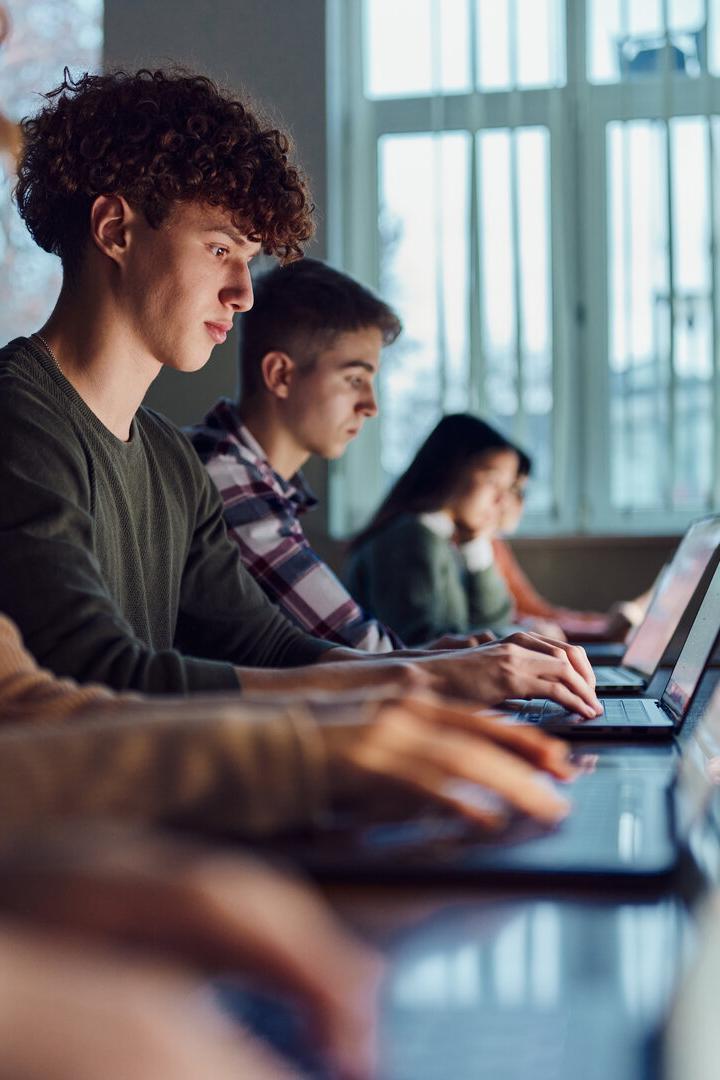 Studierende sitzen in einem Vorlesungssaal vor ihren Laptops.