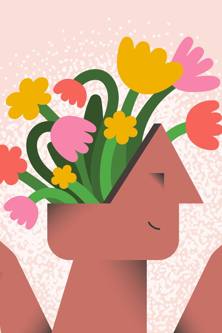 Das Bild zeigt eine Illustration, wo aus einem Kopf Blumen sprießen und die illustrierte Person ein Herz in dre Hand hält: Die Zusammenhänge zwischen Herz und Psyche sind enger als vielen bewusst ist