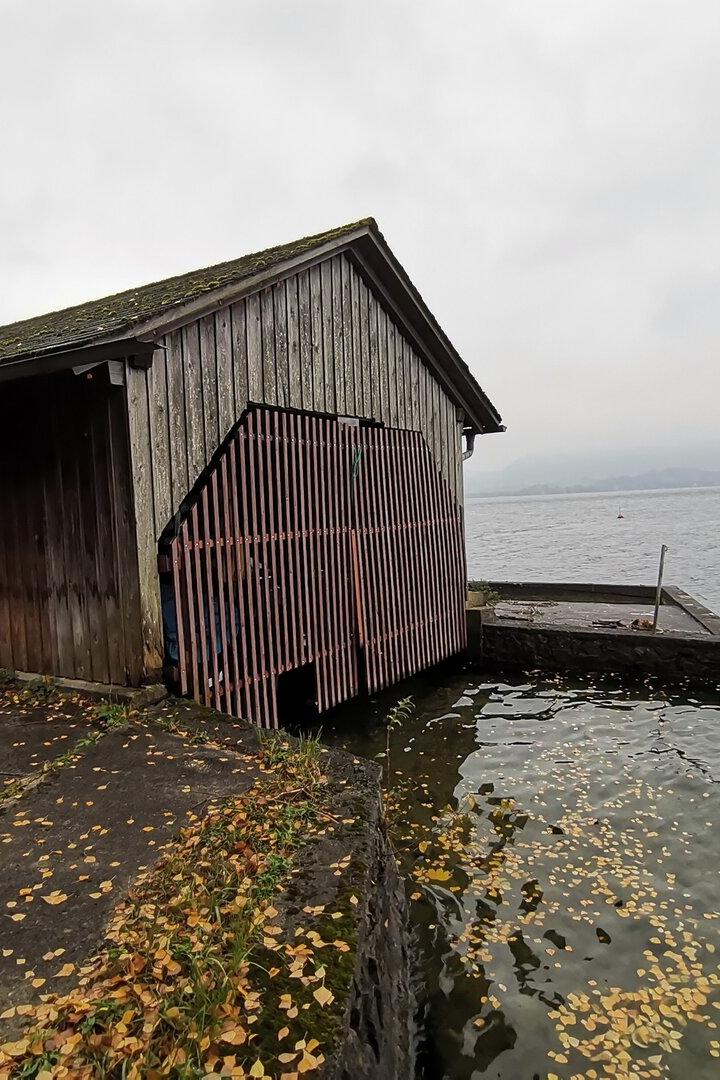 Ein hölzernes Bootshaus steht an einem See mit herabgefallenen Blättern im Wasser.