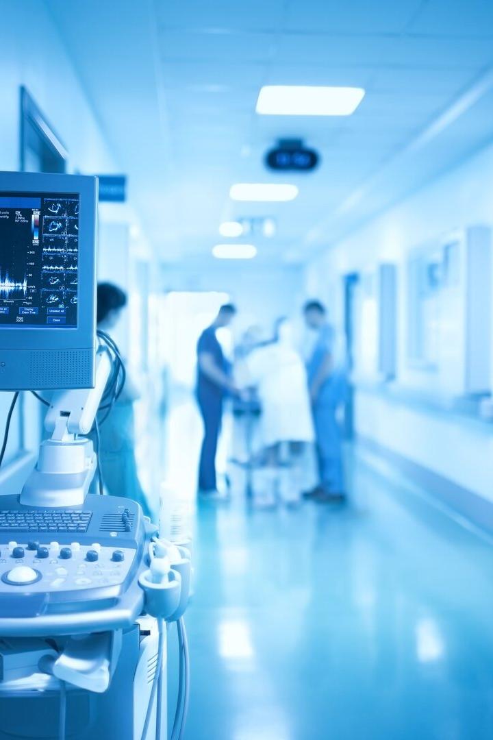 Medical equipment on the background of group of health workers in the ICU