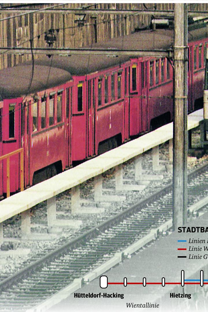 Begegnung der Generationen: Bei der Station Hietzing treffen 1980 ein alter Stadtbahnzug und eine damals neue U-Bahn-Garnitur aufeinander. Der Stadtbahn-Plan ist auf dem Stand von 1925.