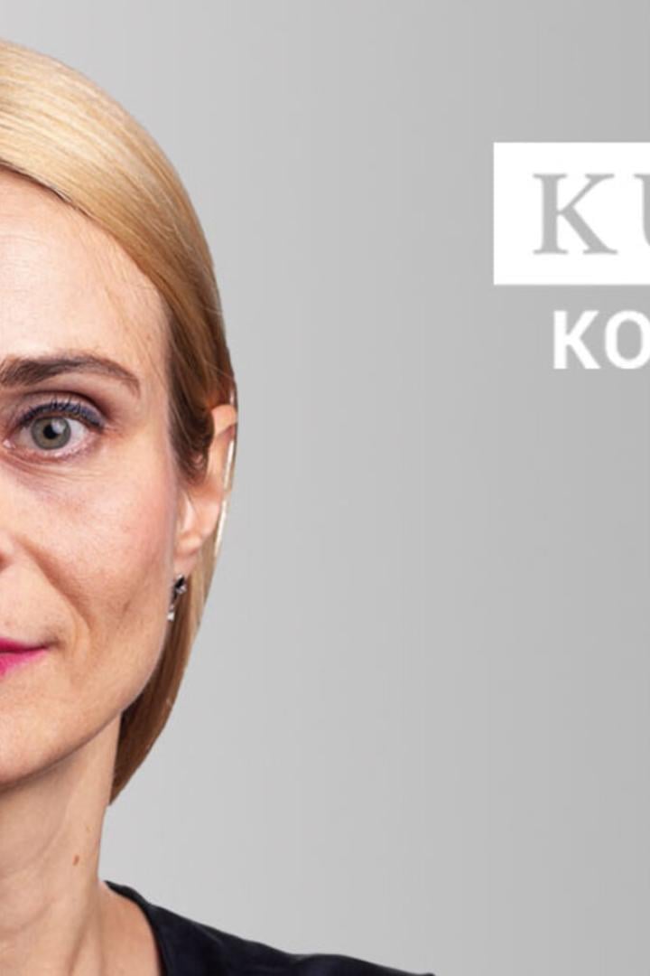 Porträt einer Frau vor dem Hintergrund des Logos „Kurier Kommentar“.