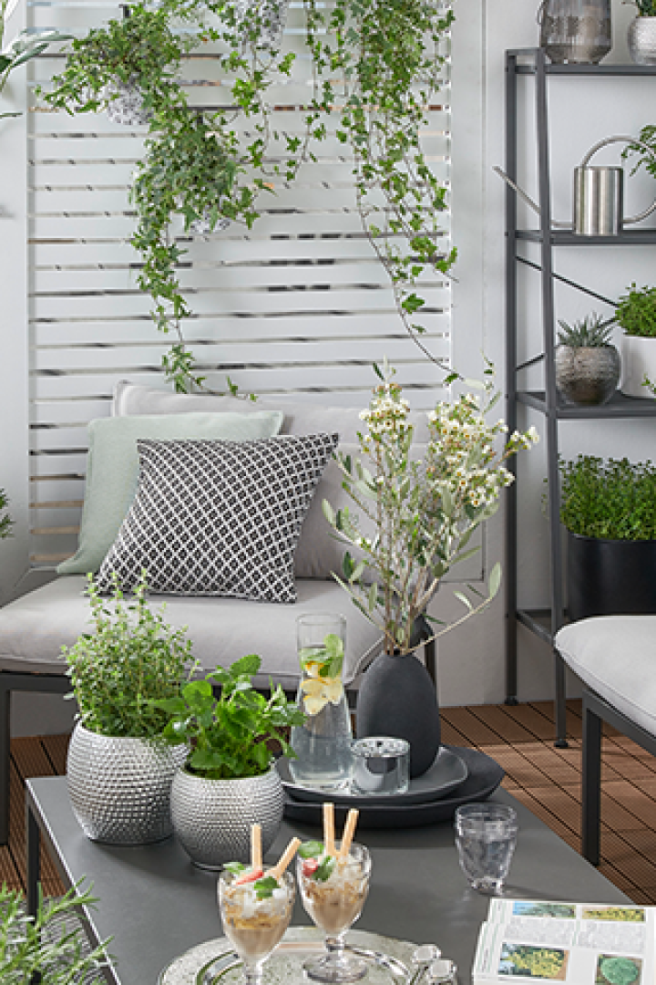 Ein Balkon mit Pflanzen und Möbeln, der eine gemütliche und einladende Atmosphäre schafft.