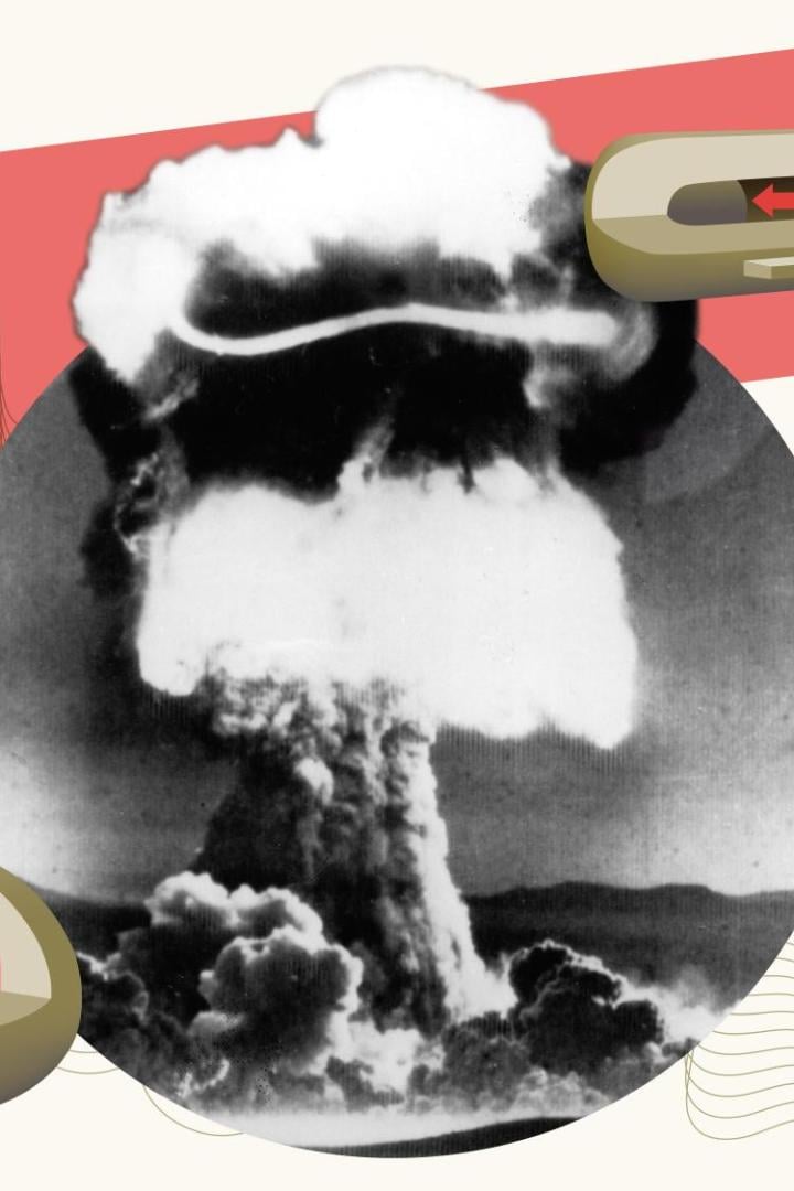 Bild zeigt den Atompilz von Hiroshima und die beiden Atombomben "Fat Man" und "Little Boy"
