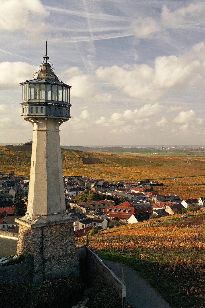 Ein Leuchttürm über Weinbergen im Herbst.