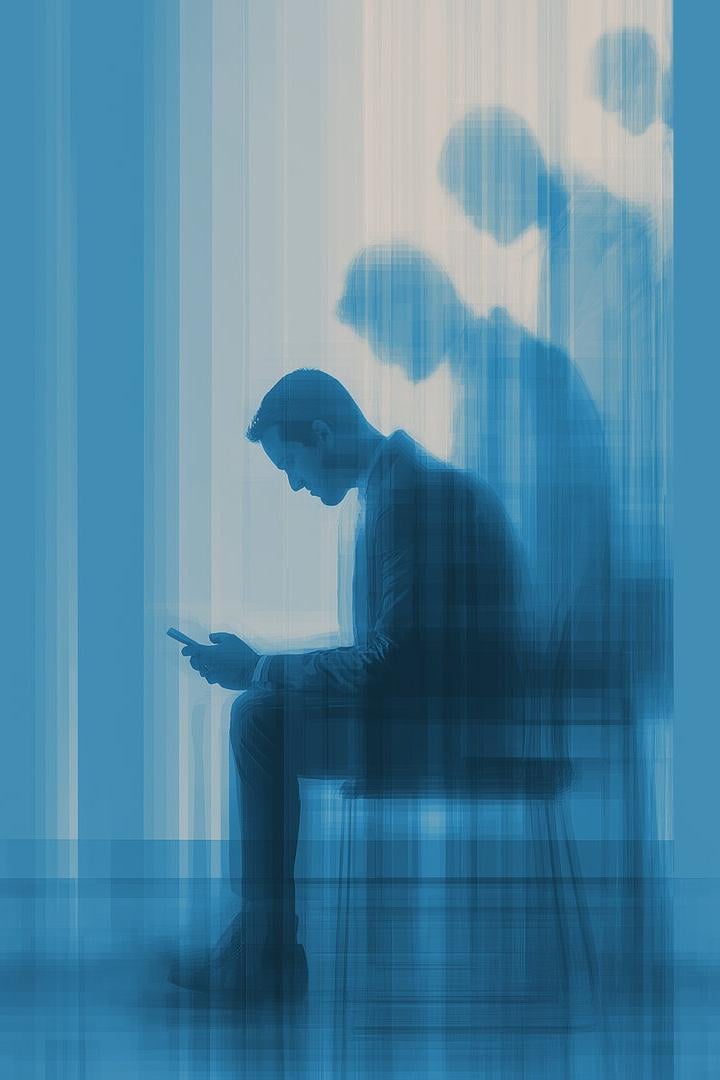 Ein Mann sitzt mit gesenktem Kopf auf einem Stuhl und hält ein Smartphone, sein Umriss erscheint mehrfach verschwommen.