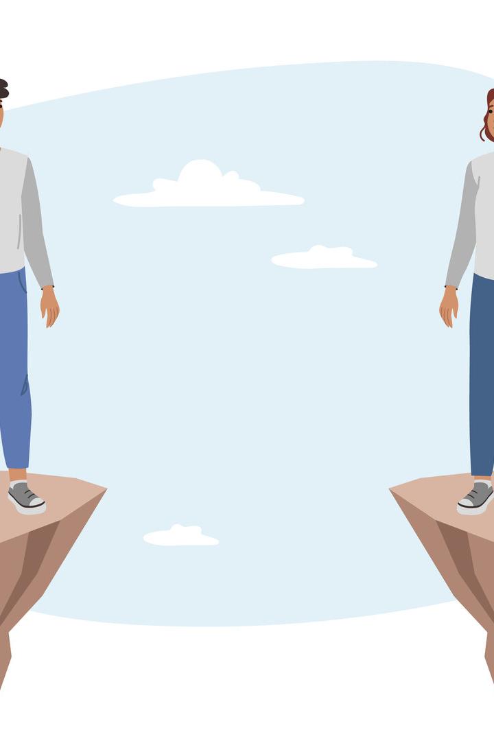 Grafik: Mann und Frau stehen auf Felsen, sie trennt eine Schlucht