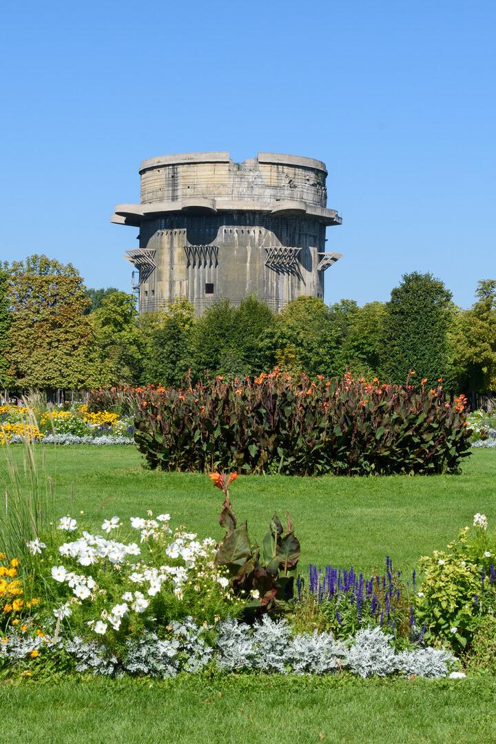 Der Flakturm im Augarten inmitten einer blühenden Wiese. 