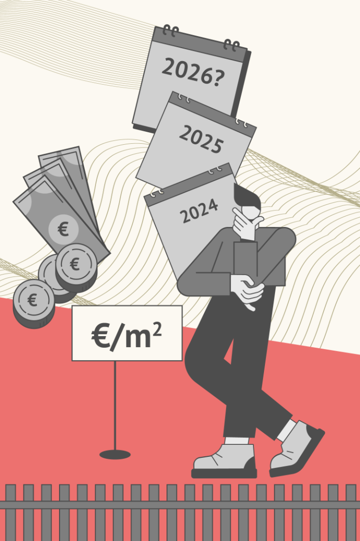 Stilisiertes Bild von zwei Personen auf einem Grundstück mit Taschenrechner, Laptop, Geld, Kalender, Bäumen und einem Preisschild.