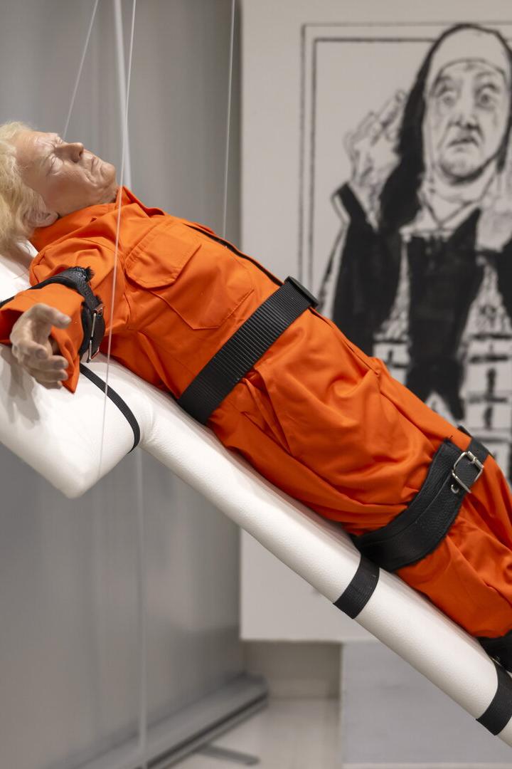 British artist Mason Storm exhibits his sculpture 'Saint or Sinner' in Basel