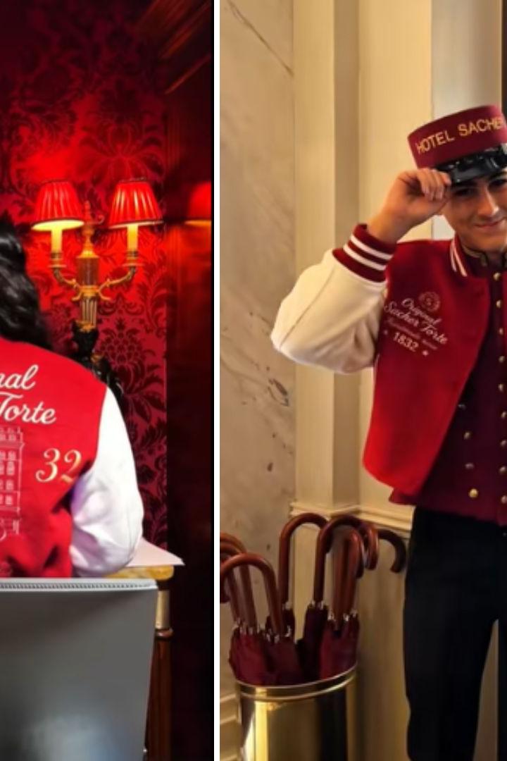 Zwei Hotel-Sacher-Mitarbeiter mit roter Logo-Jacke