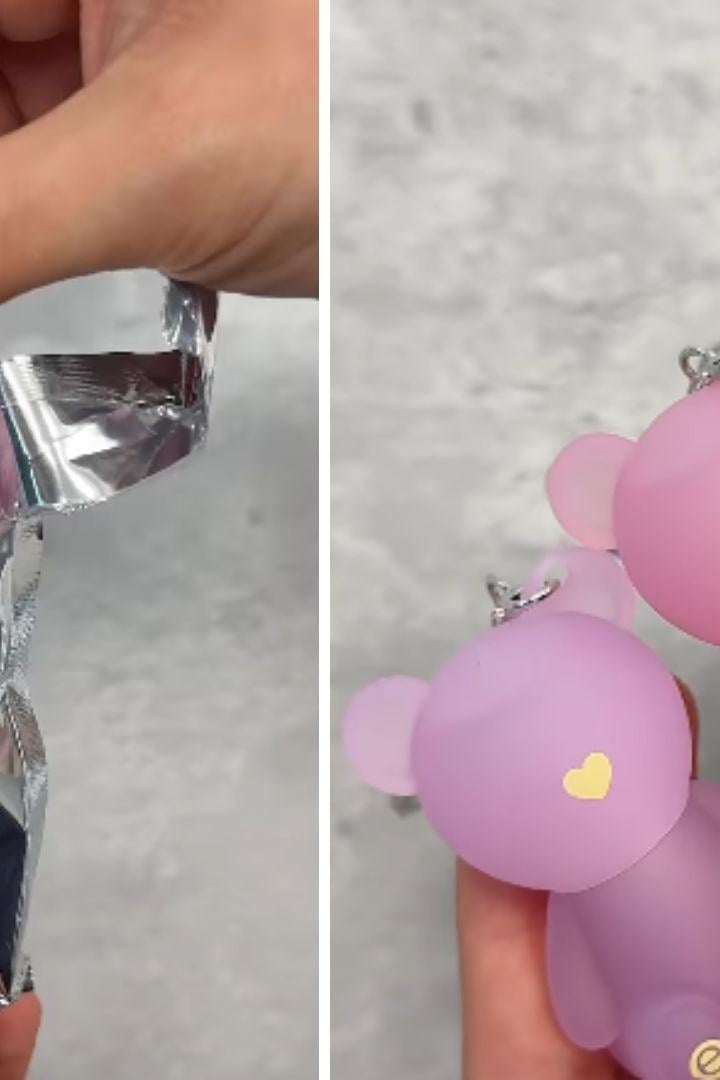 Drei pastellfarbene Teddybärfiguren der Kosmetikmarke Essence