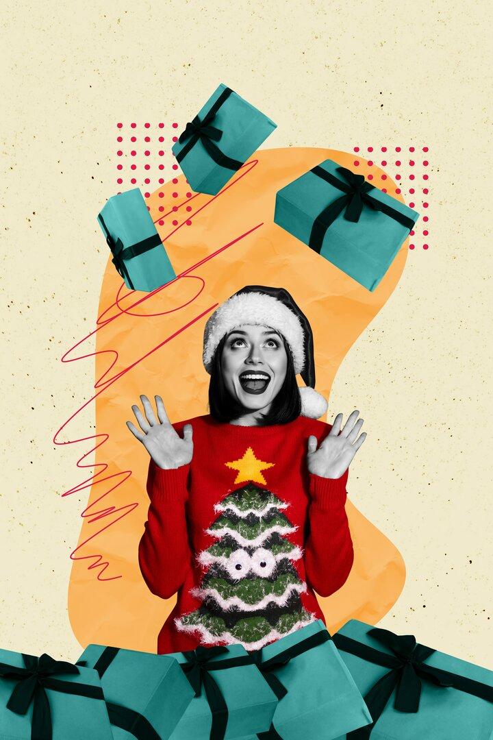 Vertical photo collage of excited girl wear new year tree sweatshirt hat present box surprise miracle xmas isolated on painted background