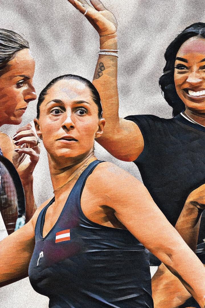 Eine Bild-Collage mit der Leichtathletin Hunter Bell (li.) Turnerin Biles (hinten) und den Tennisspielerinnen Paszek und Serena Williams.