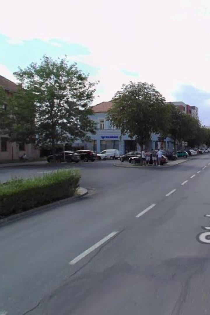 Breite Straße mit mehreren Fahrspuren, flankiert von Bäumen, Autos und mehrstöckigen Gebäuden auf beiden Seiten.