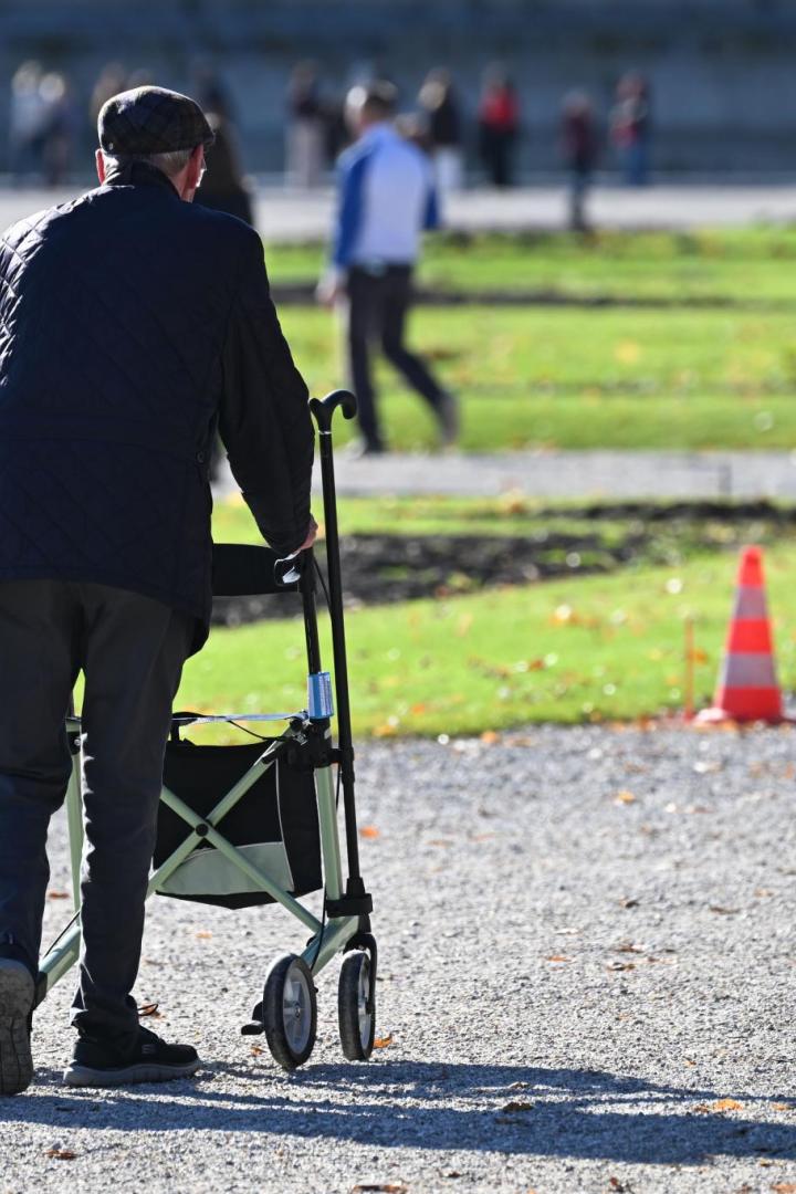 Ein älteres Paar geht im Park spazieren, der Mann mit einem Rollator.