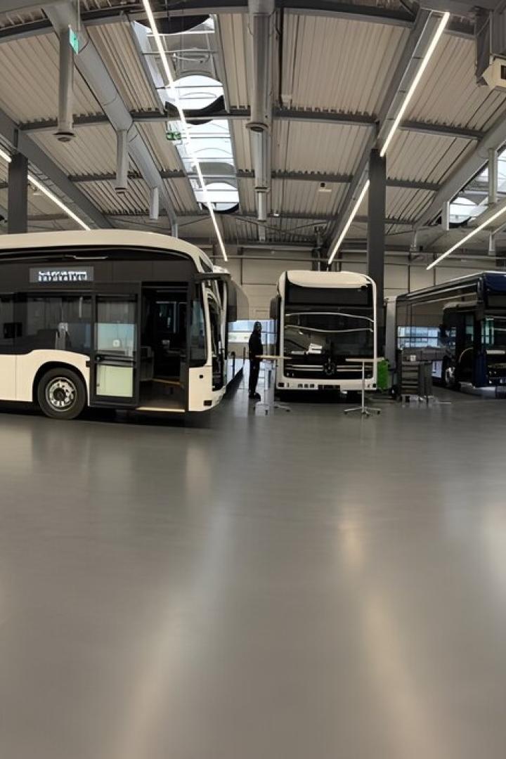 Mehrere moderne Linienbusse stehen in einer großen, hellen Halle mit hohen Decken und viel Tageslicht.