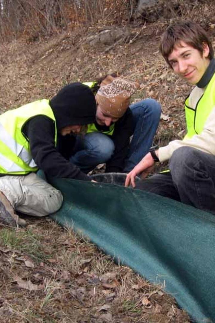 Drei Personen in Warnwesten befestigen am Straßenrand ein grünes Schutznetz am Boden.
