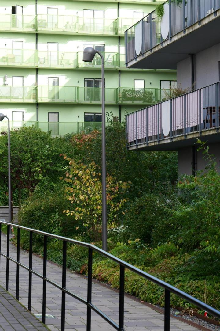 Gepflasterter Weg mit Geländer zwischen modernen Wohnhäusern und viel grüner Bepflanzung.