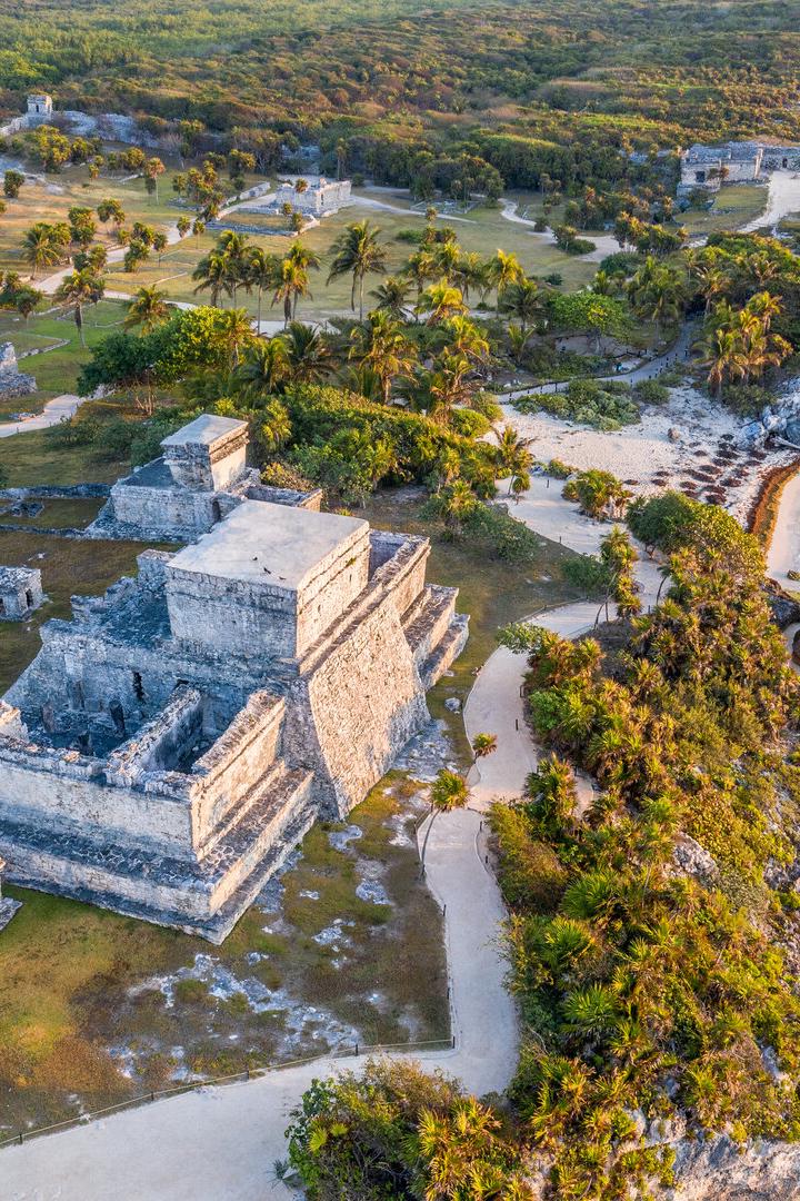 Drone view of El Castillo, Tulum ruins archeological zone, Mexico