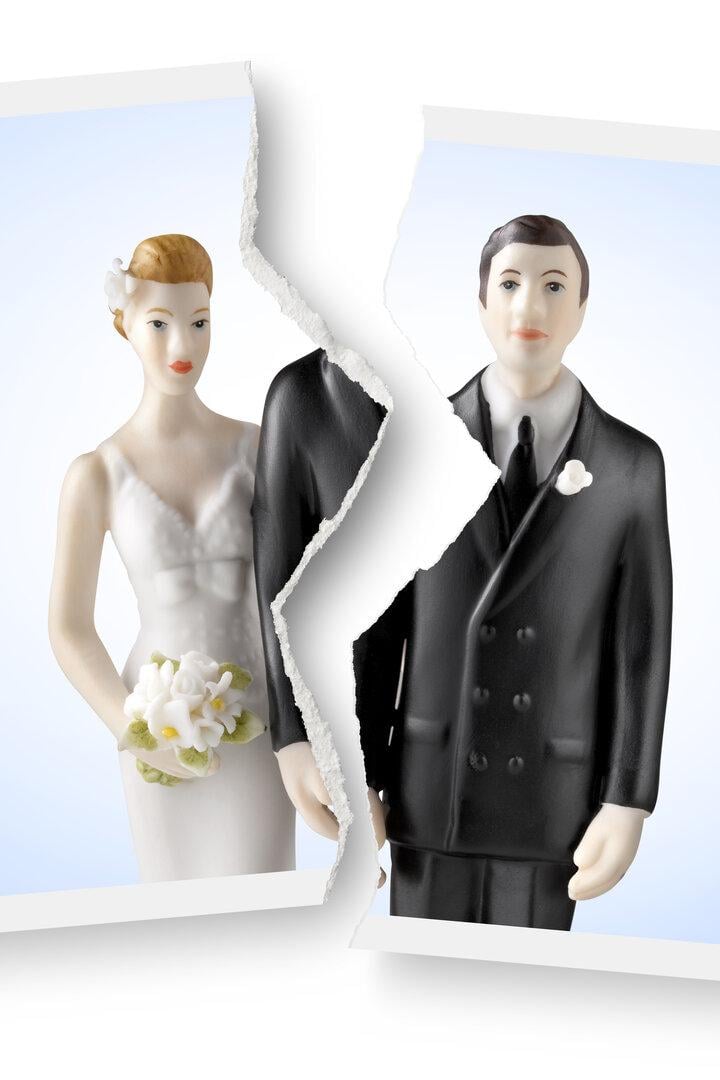 Divorce. Torn photograph of wedding cake topper.