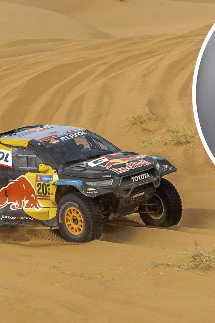 Ein Auto mit Red-Bull-Logo fährt durch den Sand. Mark Mateschitz ist im kleinen Bild zu sehen.