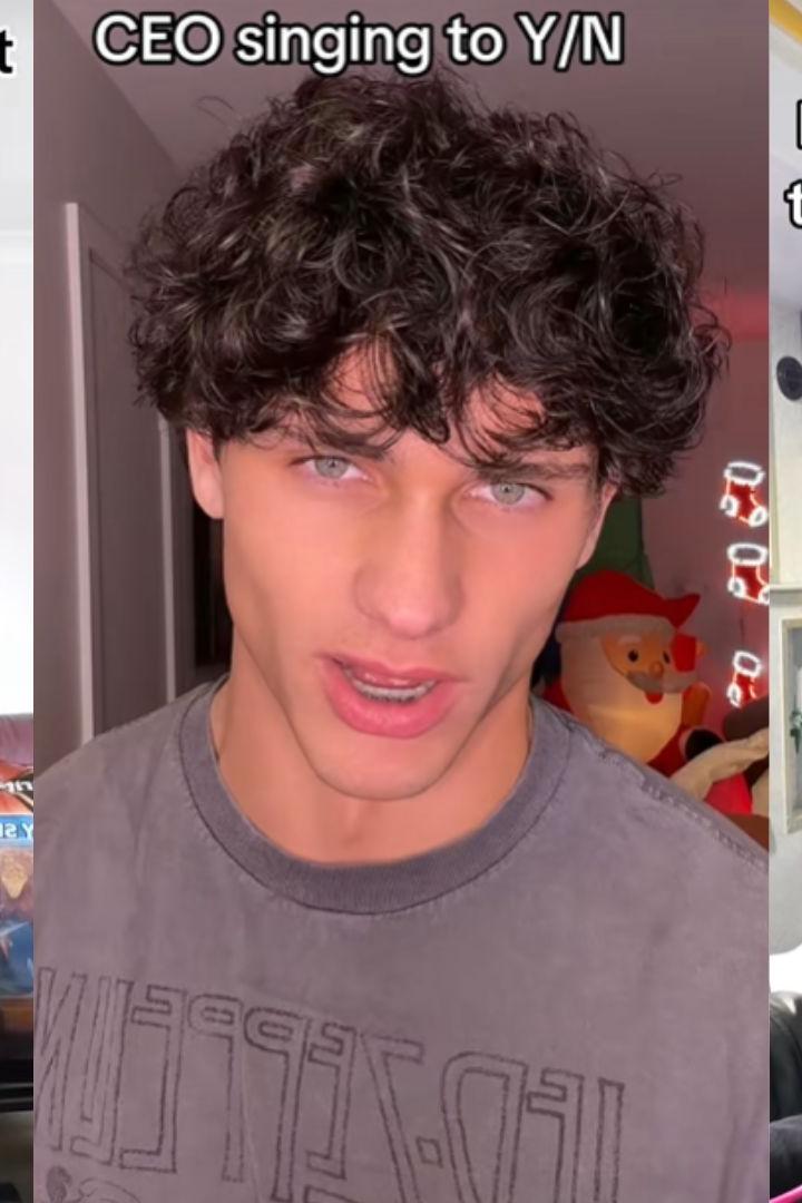 Drei TikTok-Szenen zeigen humorvolle Darstellungen typischer "y/n"- und CEO-Momente, die das virale Meme rund um übertriebene Fanfiction-Klischees aufgreifen.