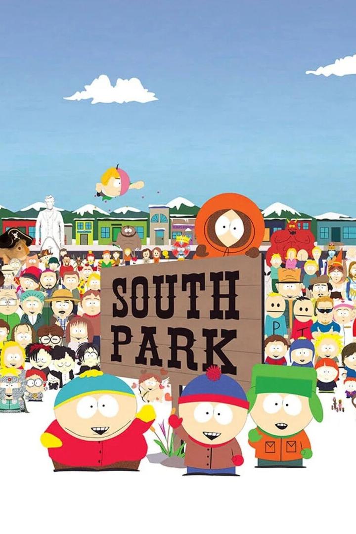 Die Charaktere von South Park stehen vor einer Menschenmenge und dem South Park-Schild.