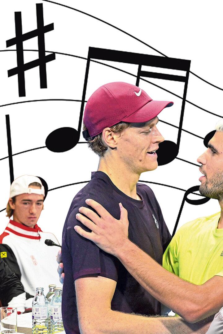 fotomontage mit diversen tennisstars und notenschlüssel