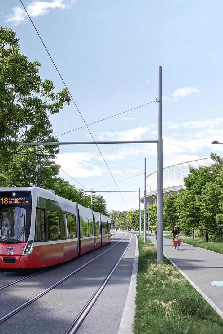 Dieses Rendering zeigt die Linie 18 auf dem Weg durch den Prater