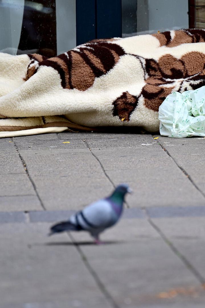 Eine Person liegt unter einer Decke auf dem Gehweg, daneben stehen eine Plastiktüte und eine Einkaufstasche, im Vordergrund Tauben.