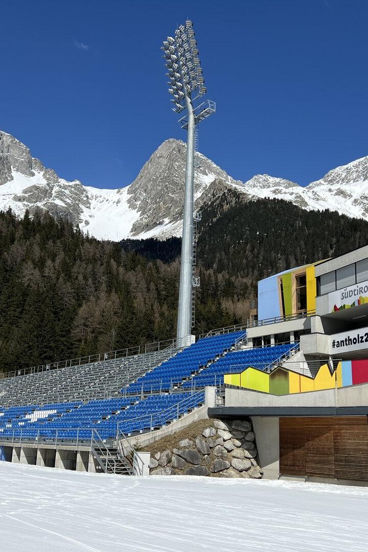 Biathlon-Arena in Antholz, Italien.