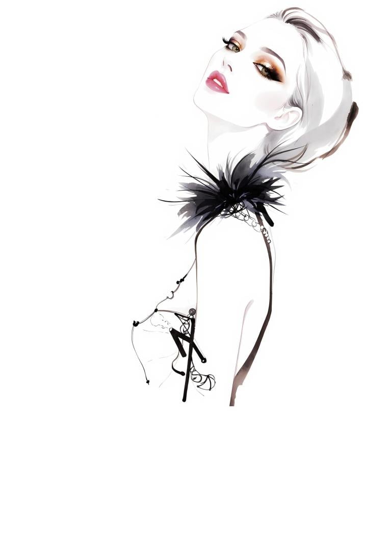 Modeillustration einer Frau mit glamourösem Make-up und schwarzem Federschmuck am Hals.