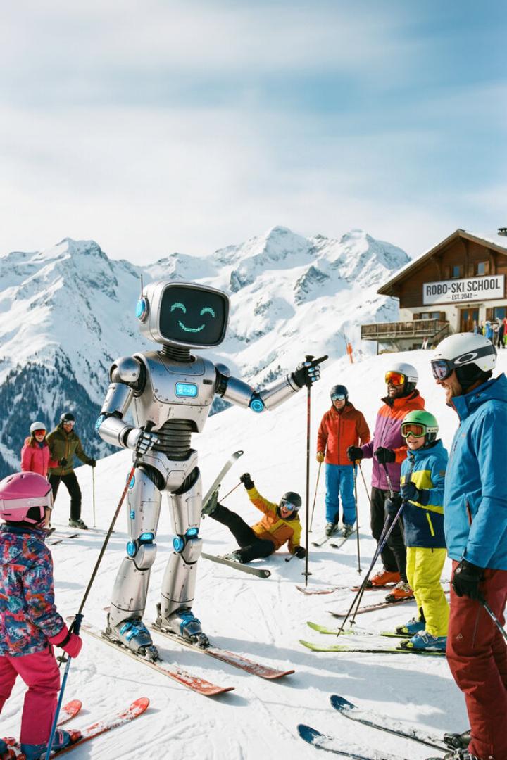 Ein Ski-Roboter unterrichtet eine Gruppe von Skifahrern vor schneebedeckten Bergen.
