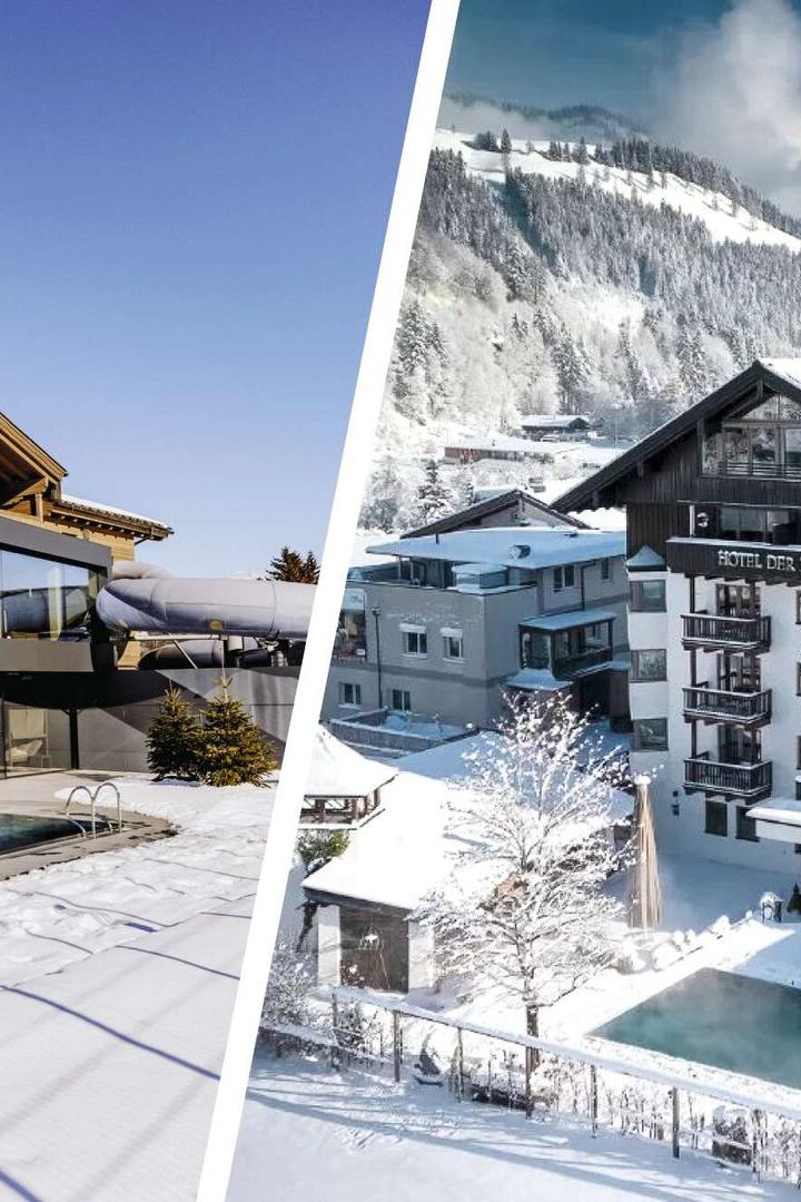 Zwei moderne Hotels mit beheizten Außenpools liegen in verschneiter Winterlandschaft in den Bergen.