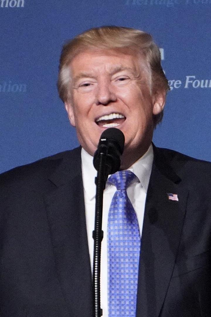 Donald Trump steht auf einer Bühne und hebt die rechte Hand.