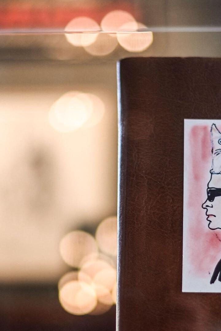 Ein Bild zeigt eine Zeichnung von Karl Lagerfeld mit seiner Katze Choupette auf dem Kopf.