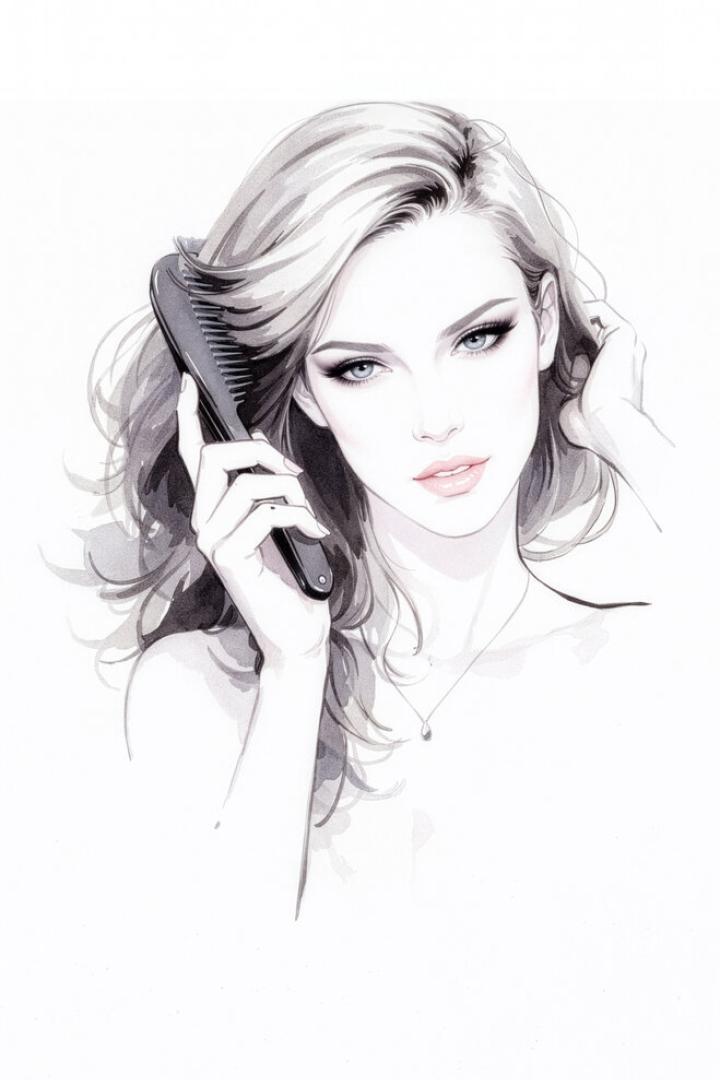 Eine Frau mit blondem Haar kämmt sich vor einem weißen Hintergrund.