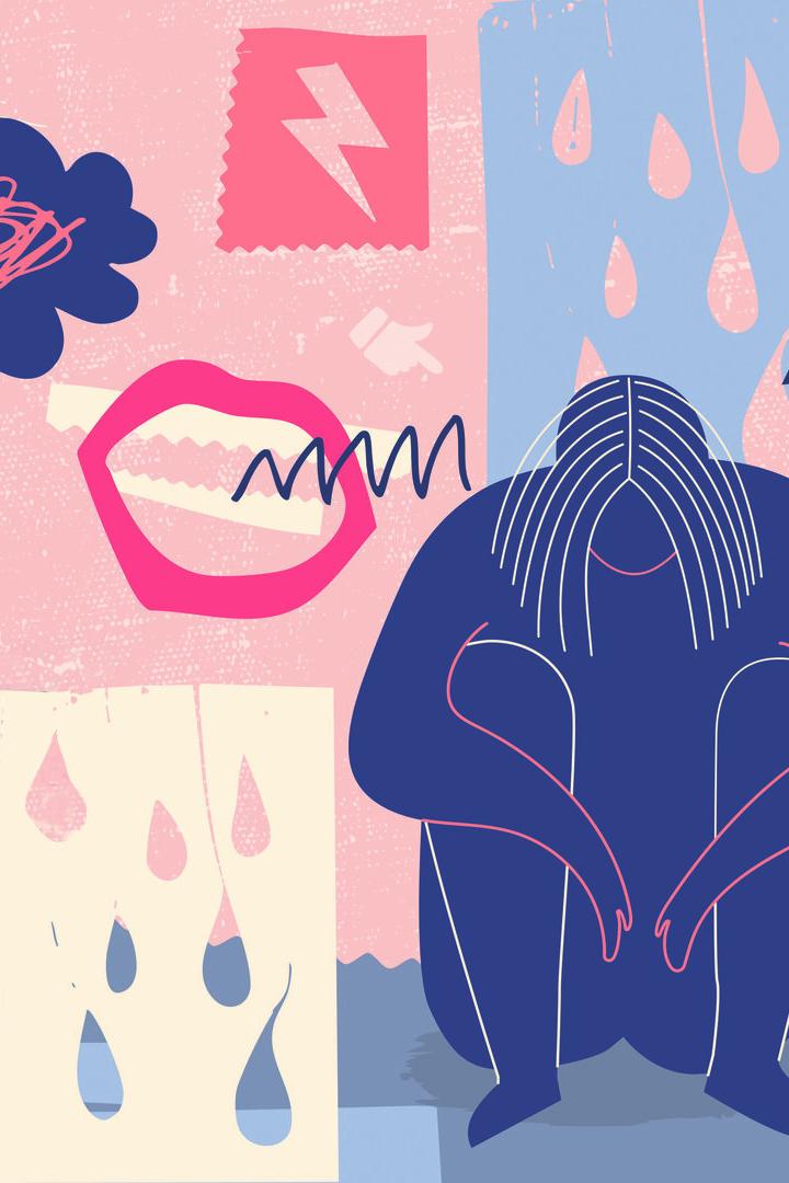 Eine Person sitzt traurig mit gesenktem Kopf, umgeben von Symbolen für negative Gefühle wie Tränen, gebrochenes Herz und dunkle Wolken.